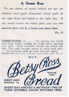 Baseball advertising insert card for Betsy Ross Bread