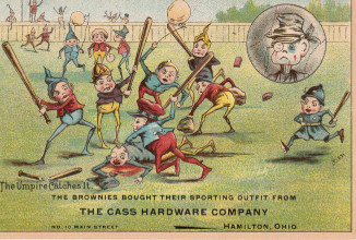 Baseball advertising trade card: The Umpire Catches It