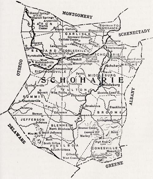 Map of Schoharie County, Showing Townships and Railroads
