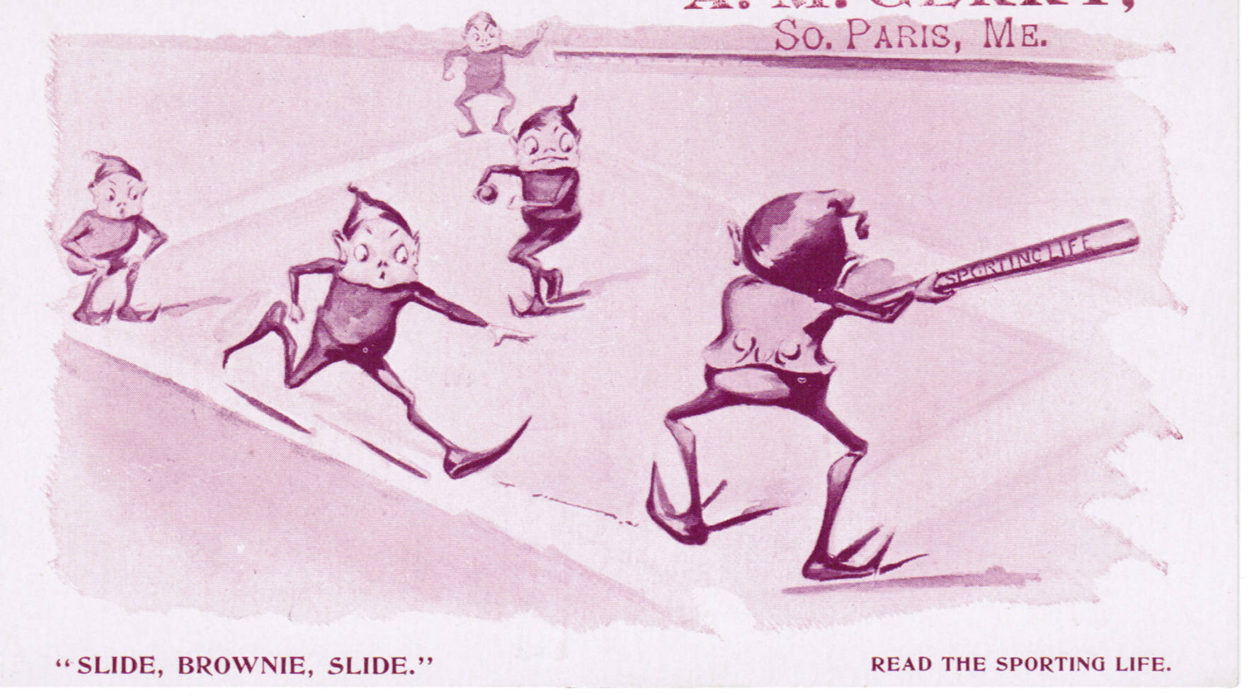 Baseball advertising trade card: Slide, Brownie, Slide